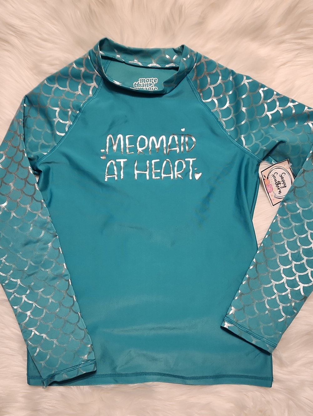 Mermaid At Heart Teal Rash Guard Top - Girls Size 10-12 - Like New